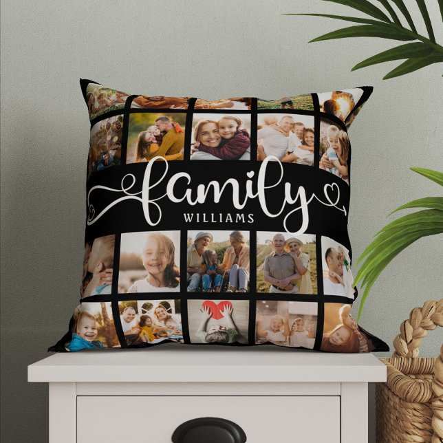 Modern Family Script 20 Photo Collage Chic Black Throw Pillow (Creator Uploaded)