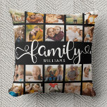 Modern Family Script 20 Photo Collage Chic Black Throw Pillow<br><div class="desc">Modern custom photo collage pillow with space for 20 photos surrounding a trendy swirly script reading FAMILY and your custom name below.</div>