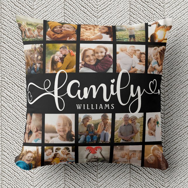 Modern Family Script 20 Photo Collage Chic Black Throw Pillow (Creator Uploaded)