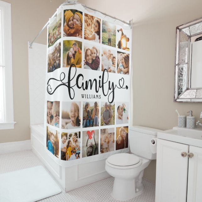 Modern Family Script 20 Photo Collage Chic Fun Shower Curtain (In Situ)
