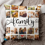 Modern Family Script 20 Photo Collage Chic Stylish Throw Pillow<br><div class="desc">Modern custom photo collage pillow with space for 20 photos surrounding a trendy swirly script reading FAMILY and your custom name below. This is the 2 sided version.</div>