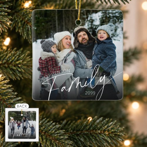 Modern Family Script Overlay 2 Photos Name Ceramic Ornament