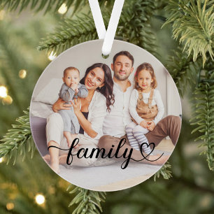 Modern Family Script Photo Keepsake Black Text Ornament