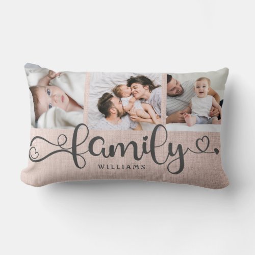 Modern Family Script Rose Linen 3 Photo Collage Lumbar Pillow