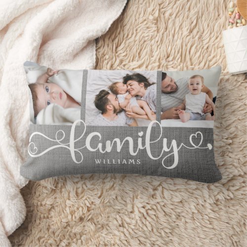Modern Family Script Rustic Linen 3 Photo Collage Lumbar Pillow