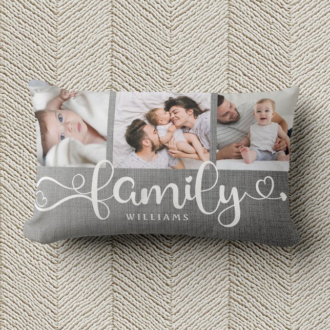 Modern Family Script Rustic Linen 3 Photo Collage Lumbar Pillow (Creator Uploaded)