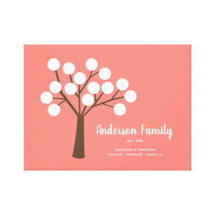 Modern Family Tree Calligraphy Coral Canvas Print