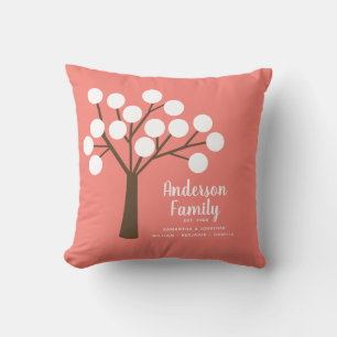 Modern Family Tree Calligraphy Coral Throw Pillow