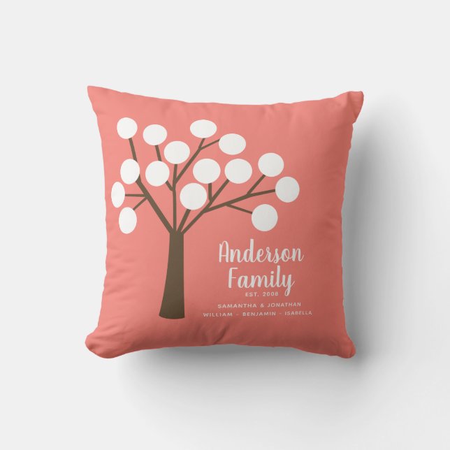 Modern Family Tree Calligraphy Coral Throw Pillow (Front)