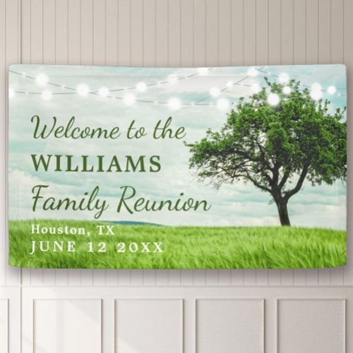 Modern Family Tree String Lights Picnic Reunion Banner