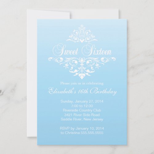 Modern Fancy Blue Sweet Sixteen Birthday Party 5x7 Paper Invitation Card