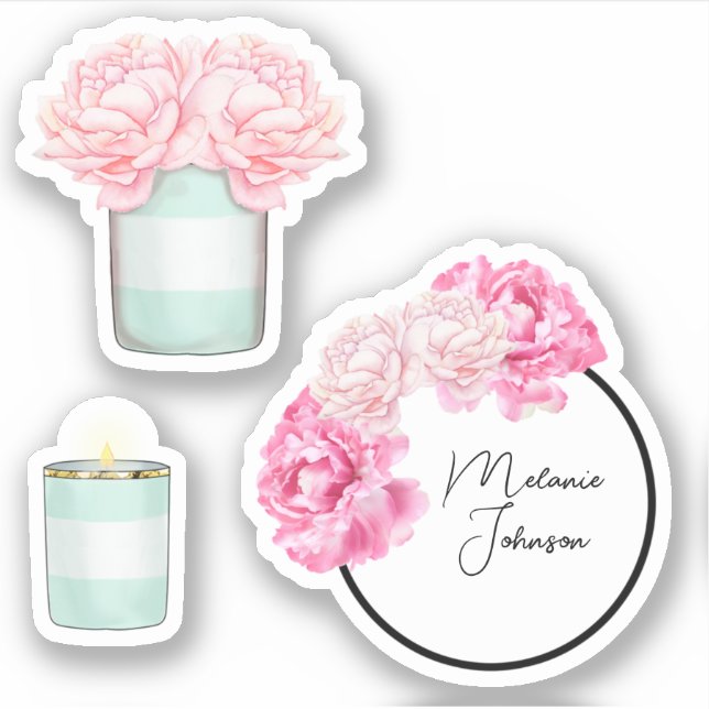 Modern Fancy Girly Cute Green Stripes Floral Sticker (Front)