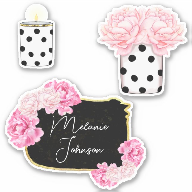 Modern Fancy Girly Cute Pink Black Dots Floral Sticker (Front)