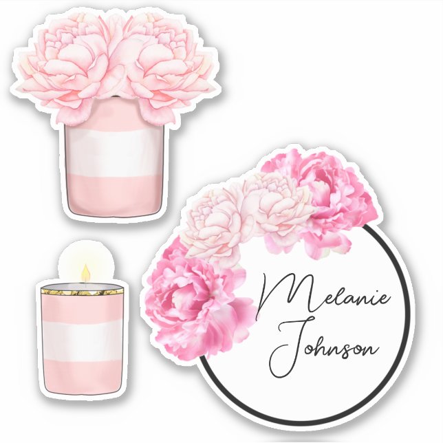 Modern Fancy Girly Cute Pink Stripes Floral Sticker (Front)