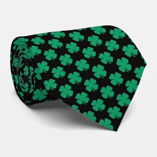 Modern Fancy Irish Shamrock Green Clover Black Neck Tie