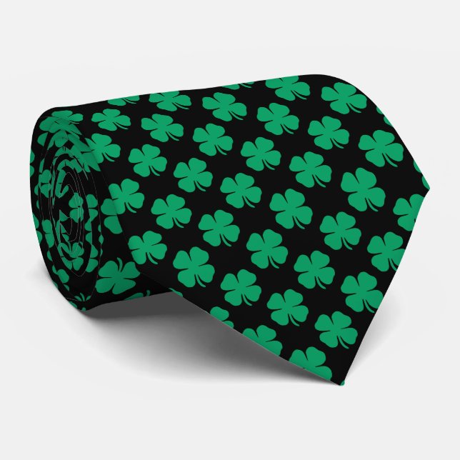 Modern Fancy Irish Shamrock Green Clover Black Neck Tie (Rolled)