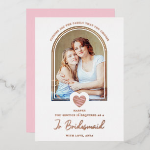 Modern Fancy Jr Bridesmaid Pink Heart Photo Foil Invitation