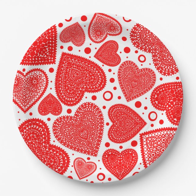 Modern Fancy Red Graphic Hearts Pattern Paper Plates (Front)