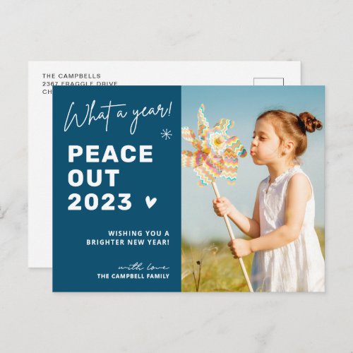 Modern Farewell Peace Out 2023 Winter Blue Photo Holiday Postcard