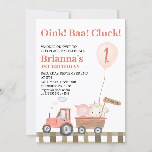 Modern Farm Animals Tractor Balloon 1st Birthday Invitation