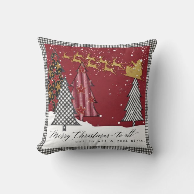 Modern Farm Merry Christmas Santa Sleigh Reindeer Throw Pillow (Front)