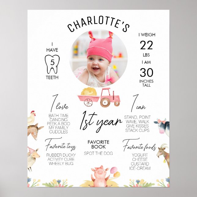 Modern Farm Pink Tractor Round Photo Milestone Poster (Front)