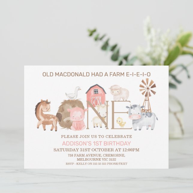 Modern Farm Themed First Birthday Invitation (Standing Front)