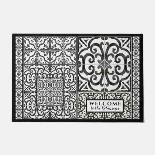 Modern Farmhouse Black and White Family Watercolor Doormat
