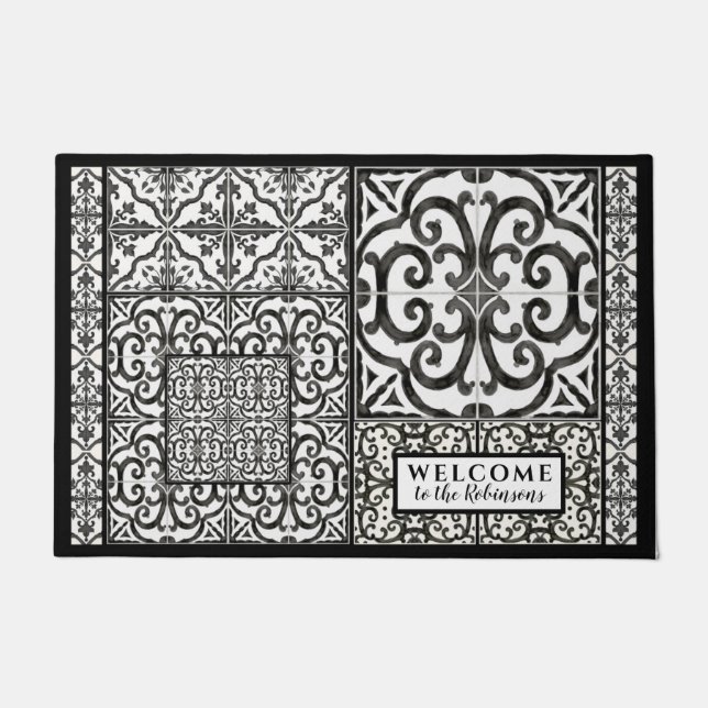 Modern Farmhouse Black and White Family Watercolor Doormat (Front)