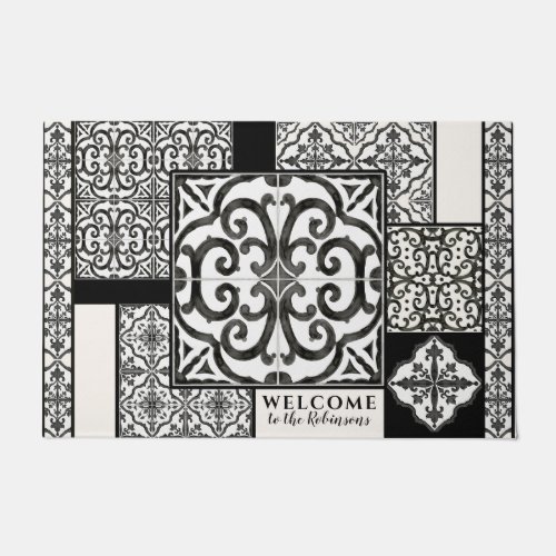 Modern Farmhouse Black and White Watercolor Family Doormat