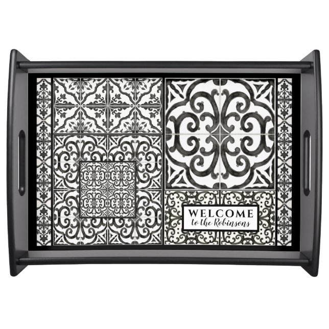 Modern Farmhouse Black and White Welcome Family Serving Tray (Front)
