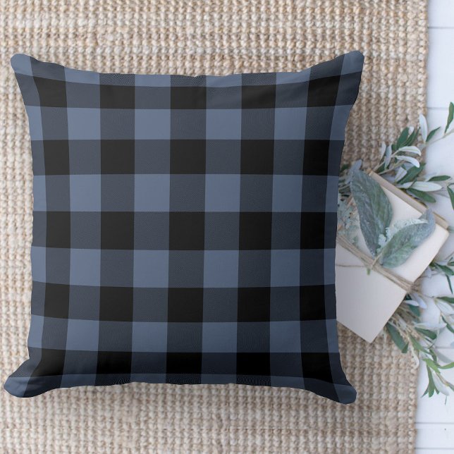 Modern Farmhouse Black & Blue Buffalo Plaid Couch Throw Pillow (Modern farmhouse throw pillow blue and black buffalo plaid couch pillow )