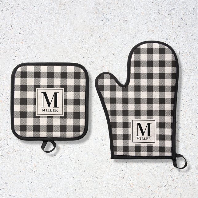 Modern Farmhouse Black Buffalo Check Monogram Oven Mitt & Pot Holder Set (Creator Uploaded)