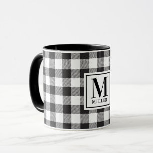 Modern Farmhouse Black Buffalo Check Monogrammed Mug