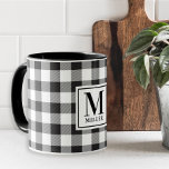 Modern Farmhouse Black Buffalo Check Monogrammed Mug<br><div class="desc">Custom-designed monogram coffee/tea mug featuring personalized monogram and family name on a black and white buffalo check/plaid/gingham check pattern.
Christmas/Holiday personalized gift ideas. Gifts for her. Christmas monogrammed gifts.</div>