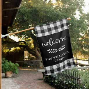 Modern Farmhouse Black Buffalo Plaid Family Name  House Flag