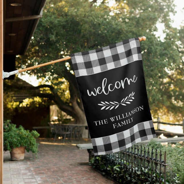 Modern Farmhouse Black Buffalo Plaid Family Name  House Flag (In SItu)