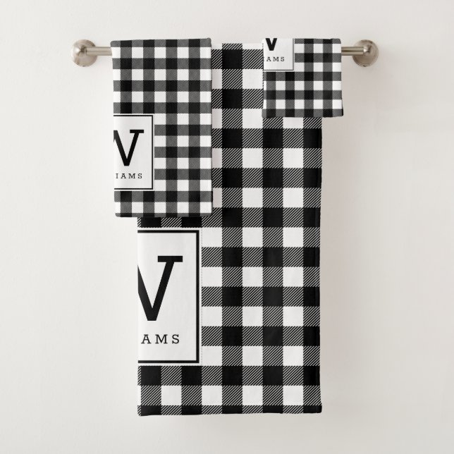 Modern Farmhouse Black Buffalo Plaid Monogrammed Bath Towel Set (Insitu)