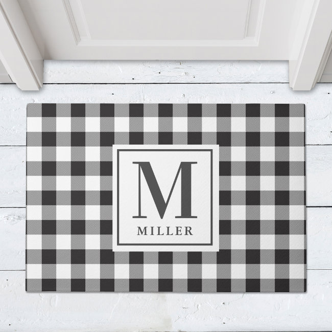 Modern Farmhouse Black Buffalo Plaid Monogrammed Doormat