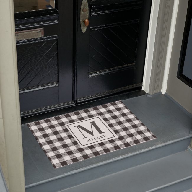 Modern Farmhouse Black Buffalo Plaid Monogrammed Doormat