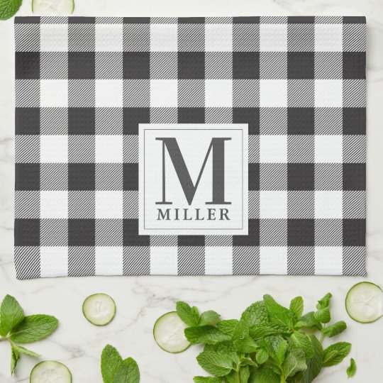Modern Farmhouse Black Buffalo Plaid Monogrammed Kitchen Towel