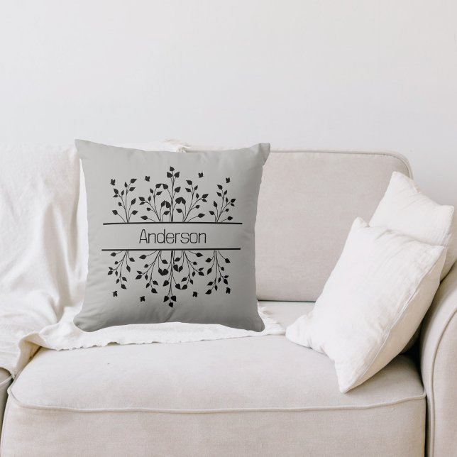 Modern Farmhouse Black & Gray Floral Monogram Throw Pillow (Creator Uploaded)