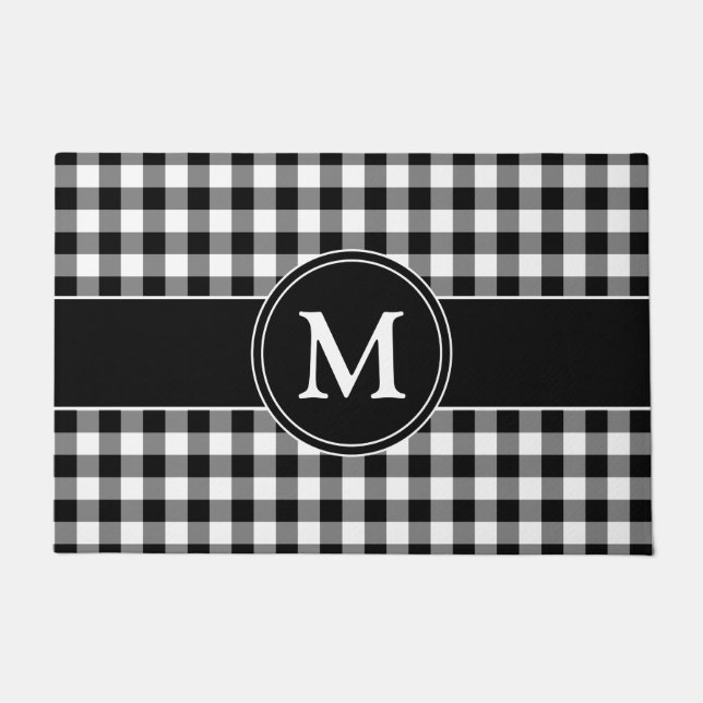 Modern Farmhouse Black Plaid Monogram Doormat (Front)