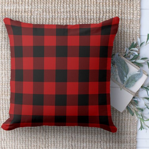 Modern Farmhouse Black  Red Buffalo Plaid Couch Throw Pillow