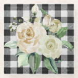 Modern Farmhouse Black White Buffalo Plaid Floral Glass Coaster<br><div class="desc">Modern Farmhouse Style Coasters - Black and White Buffalo Plaid Background with lovely watercolor white roses</div>