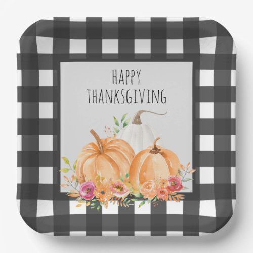Modern farmhouse black white plaid thanksgiving paper plates