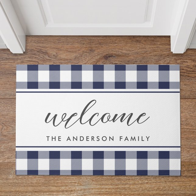 Modern Farmhouse Blue Buffalo Check Welcome Doormat (Creator Uploaded)