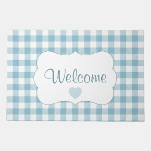 Modern Farmhouse Blue Buffalo Plaid Welcome Heart Doormat