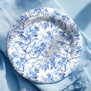 Modern Farmhouse Blue French Toile Roses Floral Paper Plates