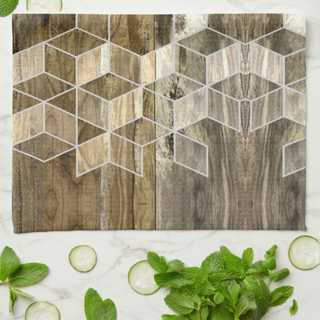 Modern Farmhouse Brown Wood Geometric Pattern  Kitchen Towel (Folded)